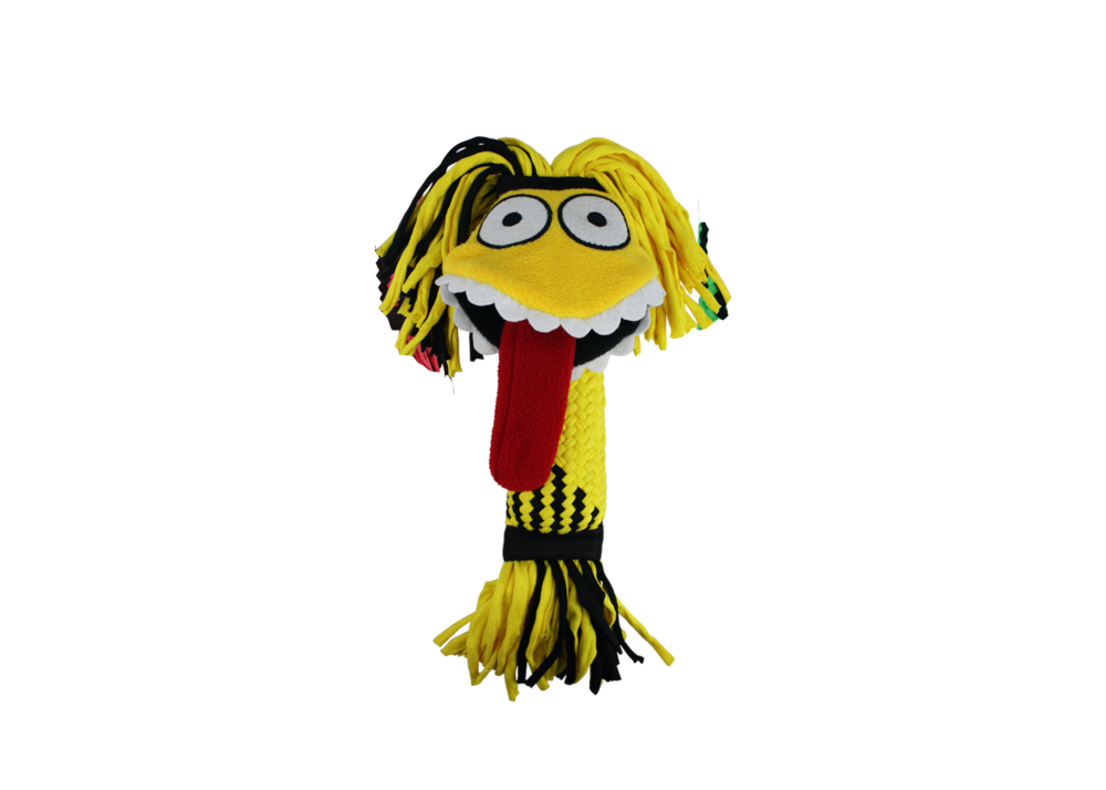 Plush dog toy with a face, yellow hair, and red scarf on a white background