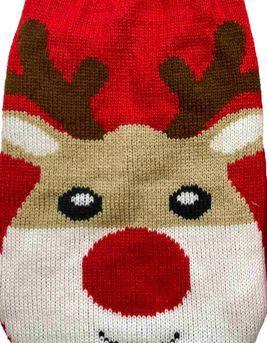 Knitted reindeer dog jumper with red background