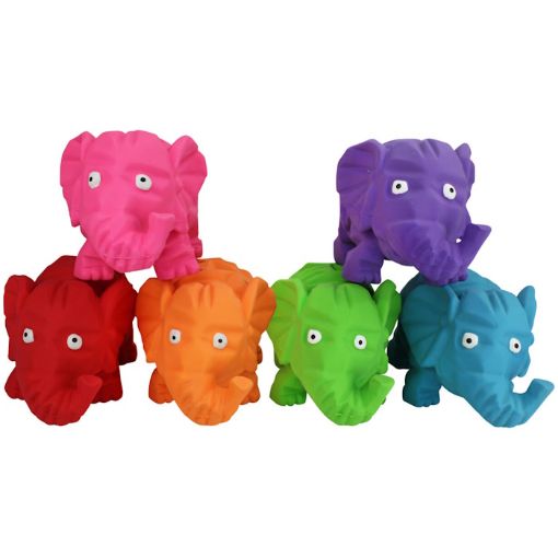 Set of colorful elephant dog toys in pink, purple, red, orange, green, and blue on a white background.