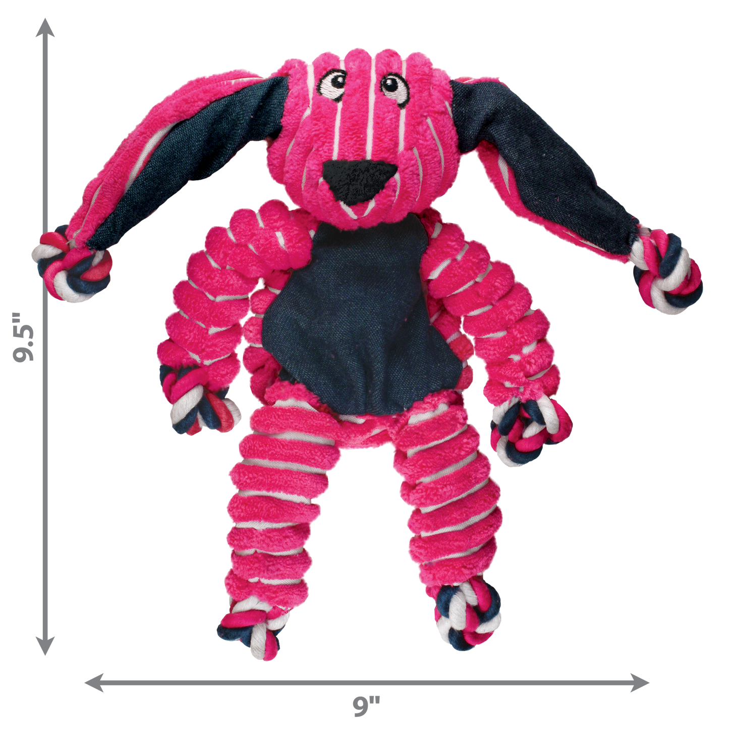 Pink and black dog toy with measurements on a white background