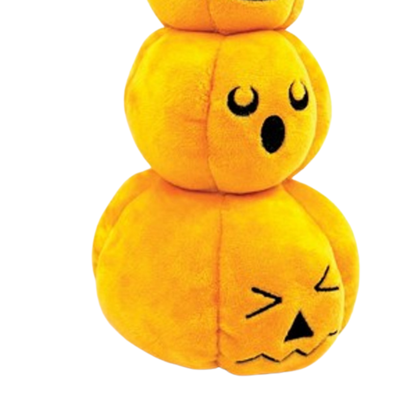 Plush dog toy shaped like a stack of pumpkins with a face on a white background