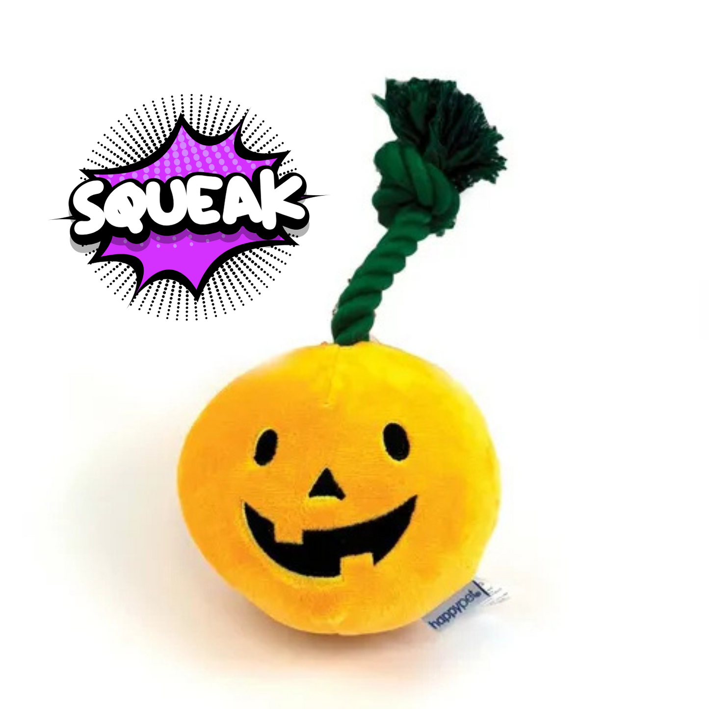 Yellow pumpkin-shaped dog toy with a black face and green rope, featuring the word 'SQUEAK'.