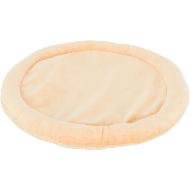 Round beige pet bed on a white background