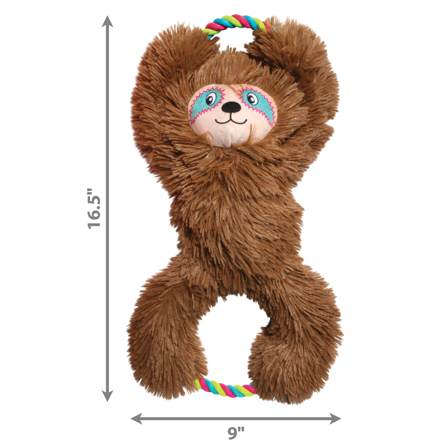 Plush sloth dog toy with dimensions on a white background