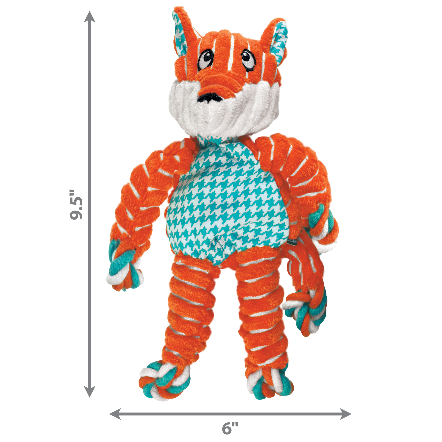 Plush dog toy with dimensions indicated on a white background