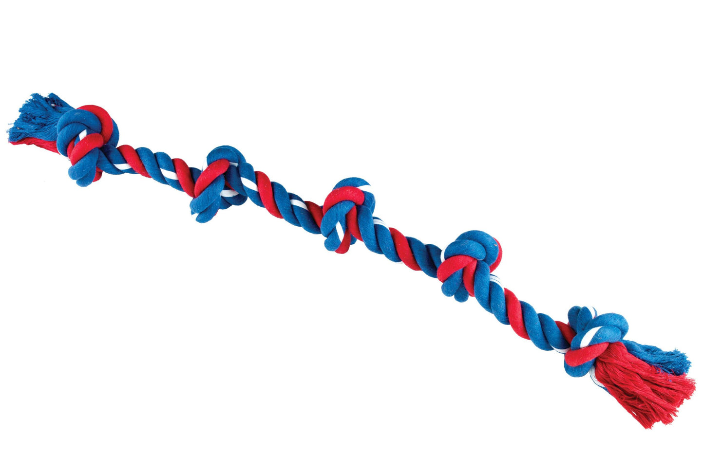 Red and blue braided dog toy on a white background