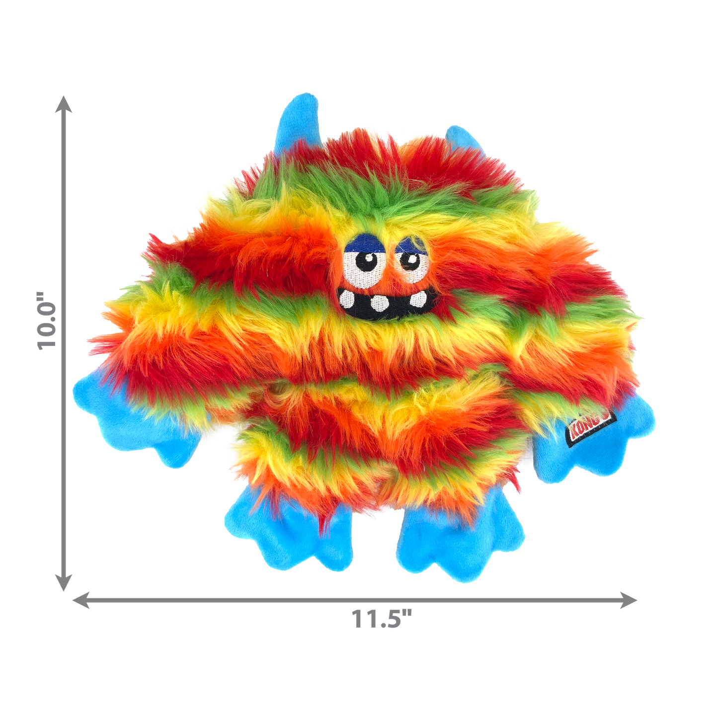 Colorful plush dog toy with blue feet and legs, dimensions indicated on a white background