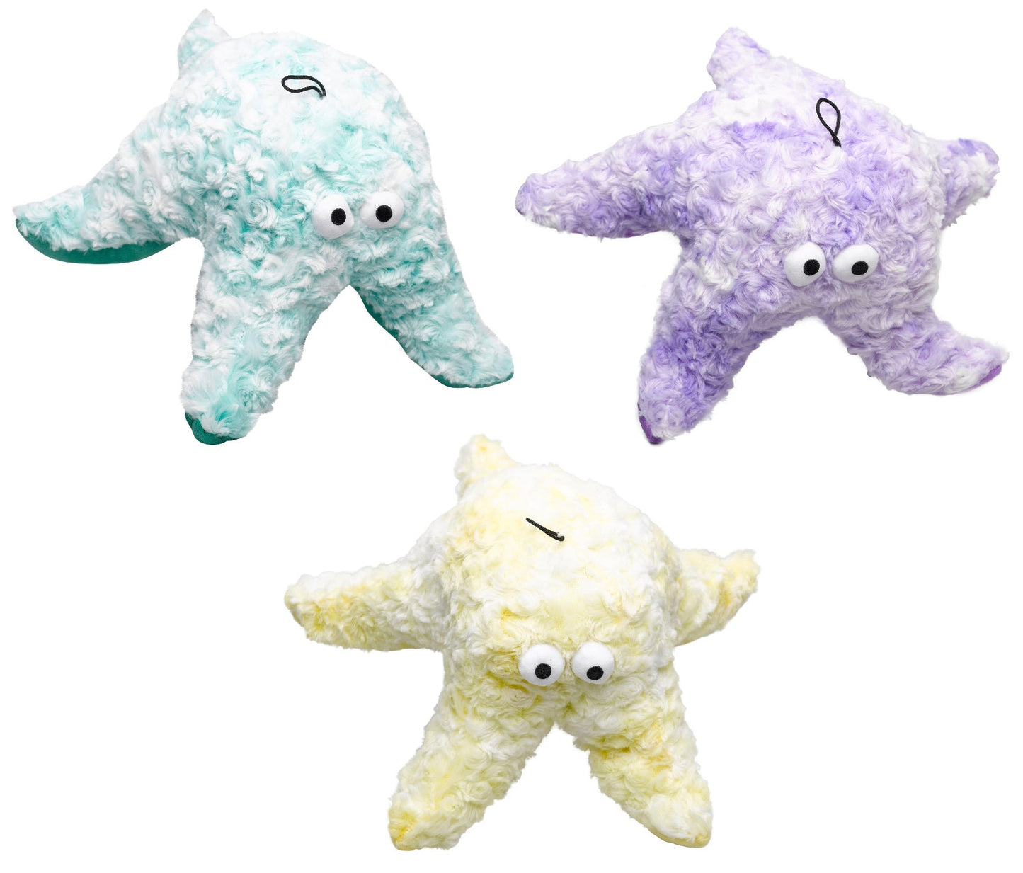 Three plush dog toys shaped like starfish in teal, purple, and yellow on a white background.