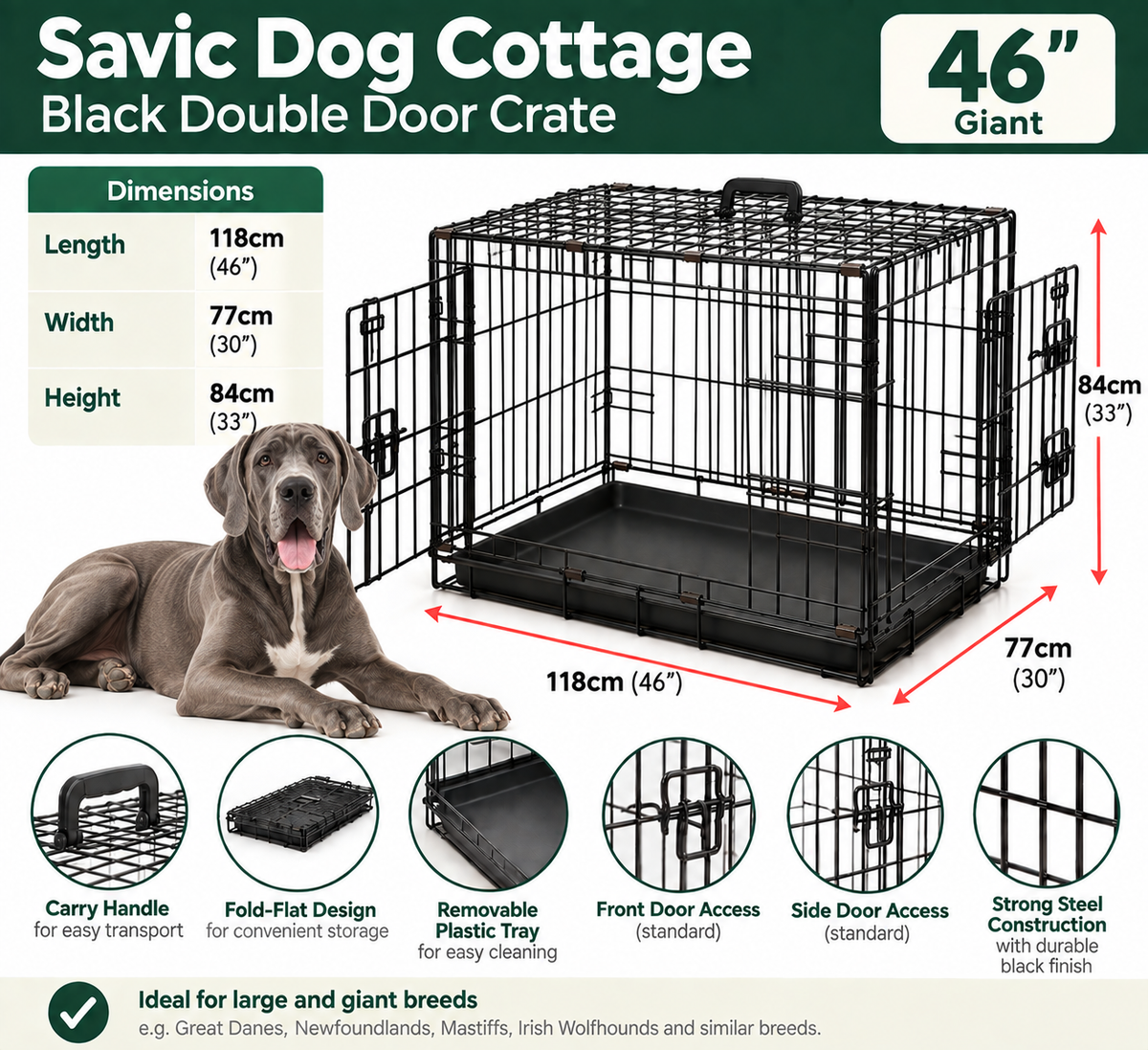 Savic | Dog Cottage | Black Double Door Cage Crate