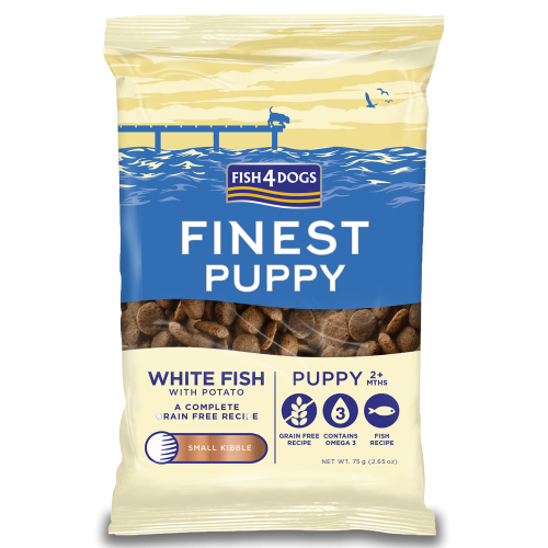 Package of Fish4Dogs Finest Puppy food for small kibble with white fish and potato ingredients.