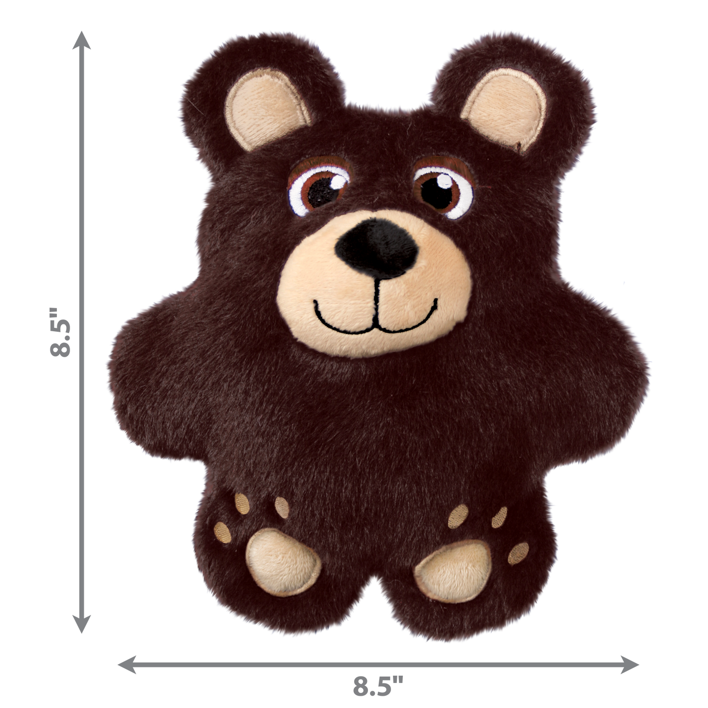 Plush bear dog toy with dimensions on a white background