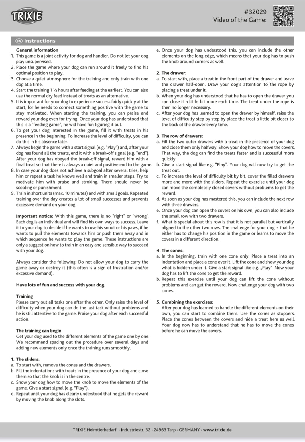 Instructions for a dog training game by TRIXIE on a white background