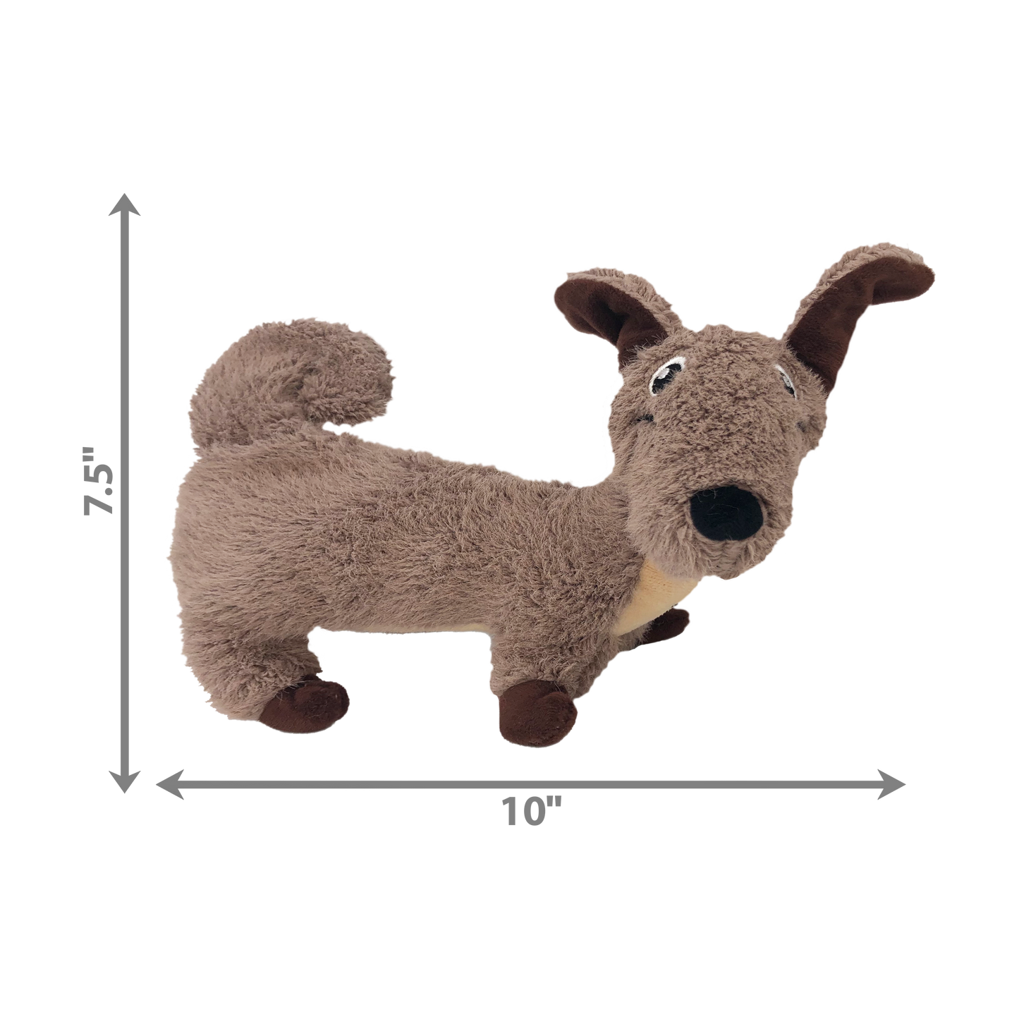 Brown dog-shaped plush toy with dimensions on a white background