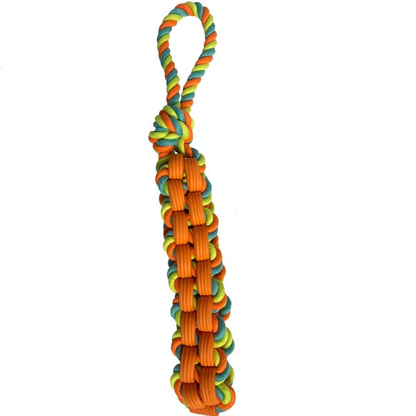 Colorful dog toy with a large knot on a white background