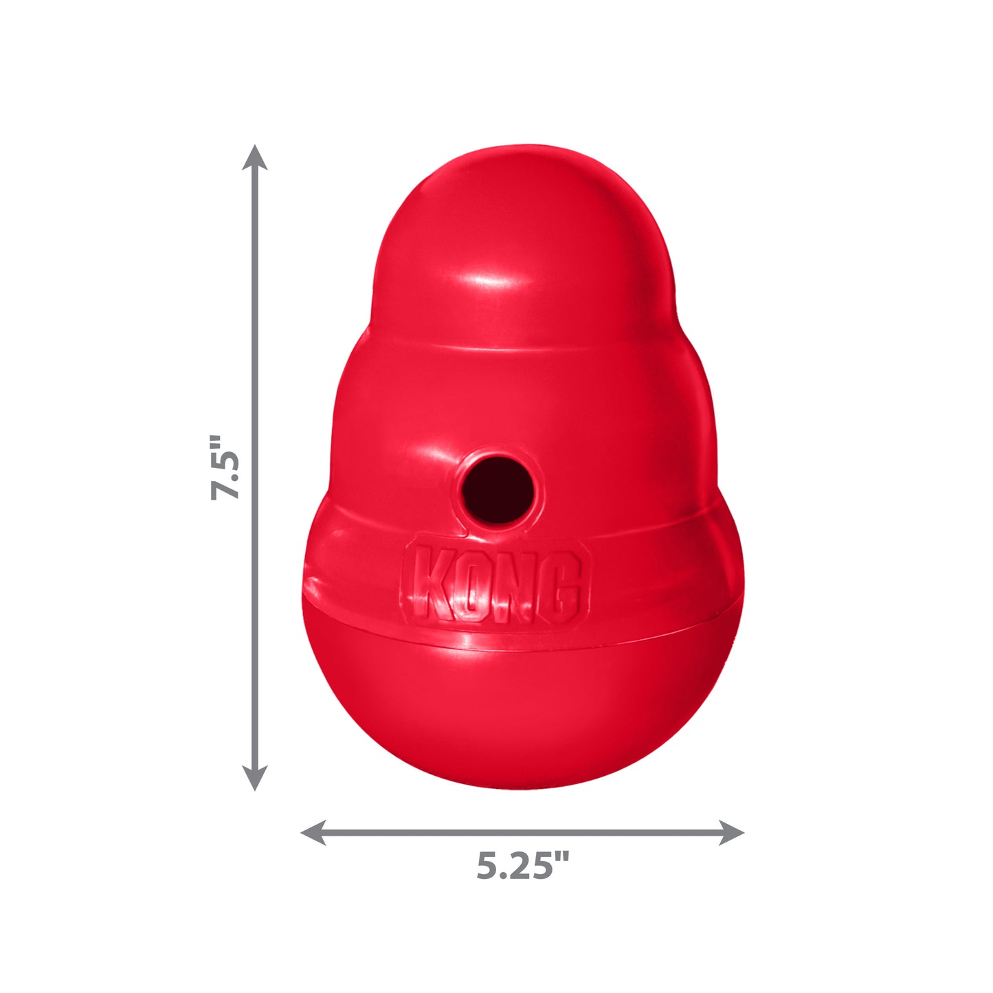 Red KONG dog toy with dimensions on a white background