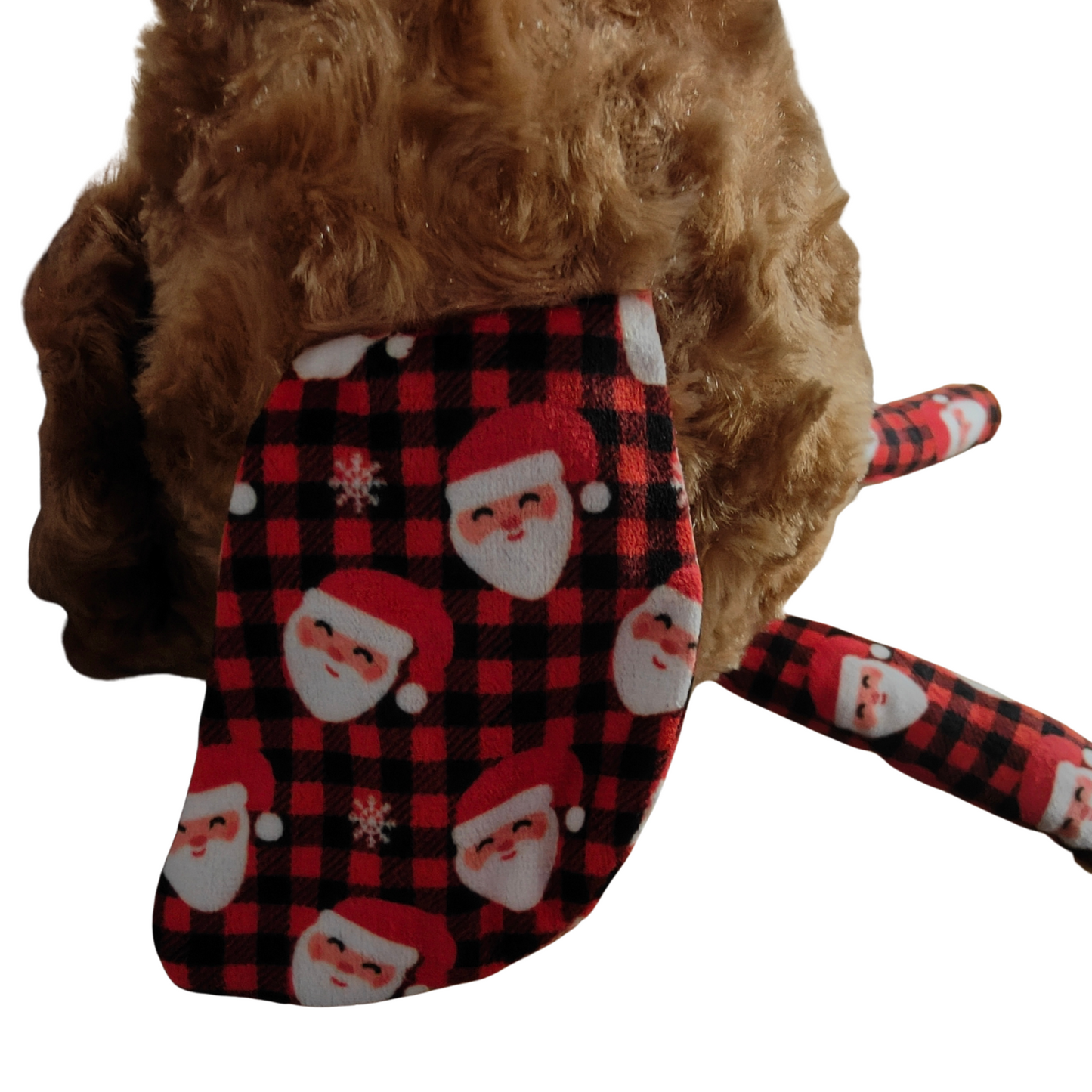 Plush dog toy with a red and black checkered stocking featuring Santa Claus faces.