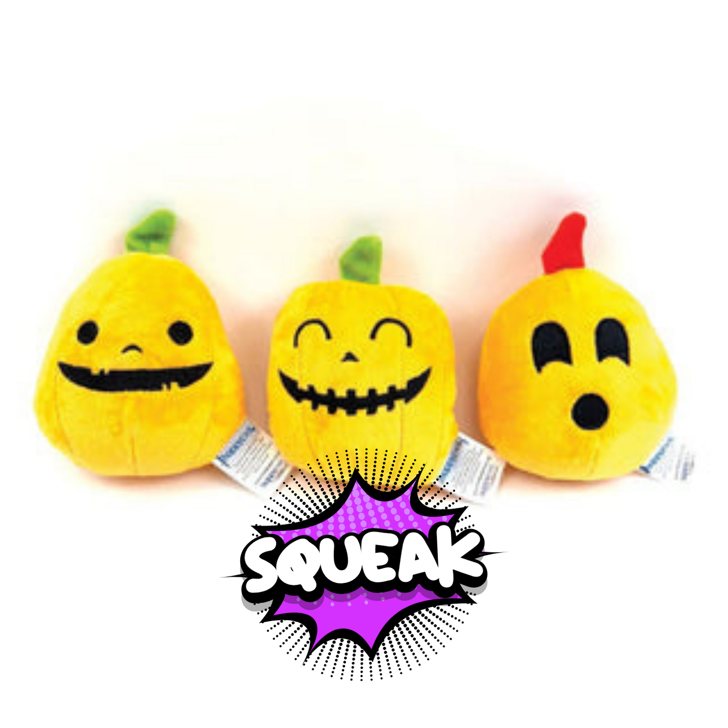 Three yellow plush dog toys with different expressions on a white background, featuring the word 'SQUEAK'.