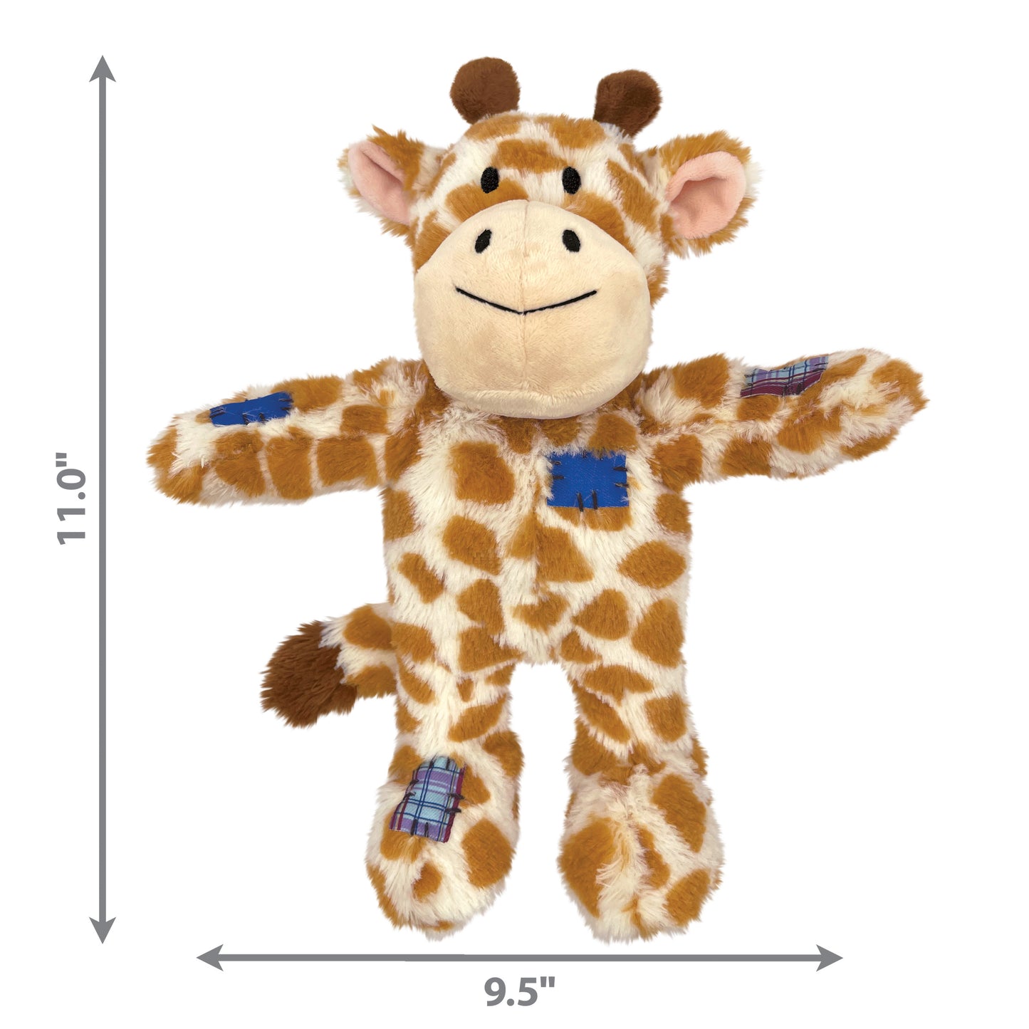 Plush giraffe dog toy with dimensions on a white background