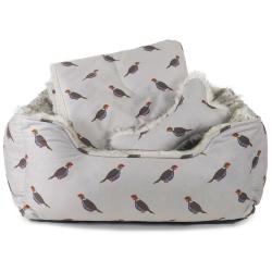 Cupid & Comet | Festive Dog Bed | Luxury Partridge Print Bed, Bone & Blanket Complete Collection