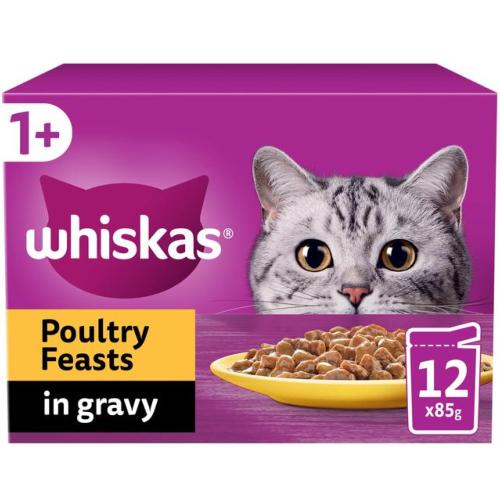 Whiskas | Wet Cat Food Pouches | Adult | Poultry Feasts In Gravy 12 x 85g