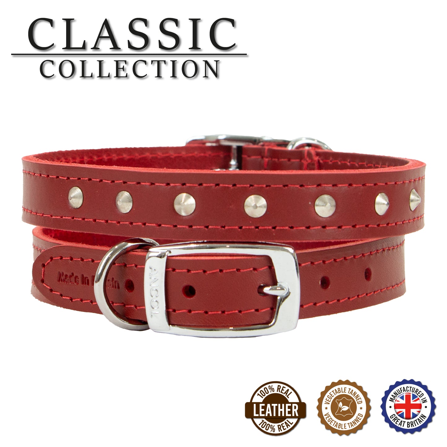 Ancol | Leather Sewn/Studded Dog Collar | Red