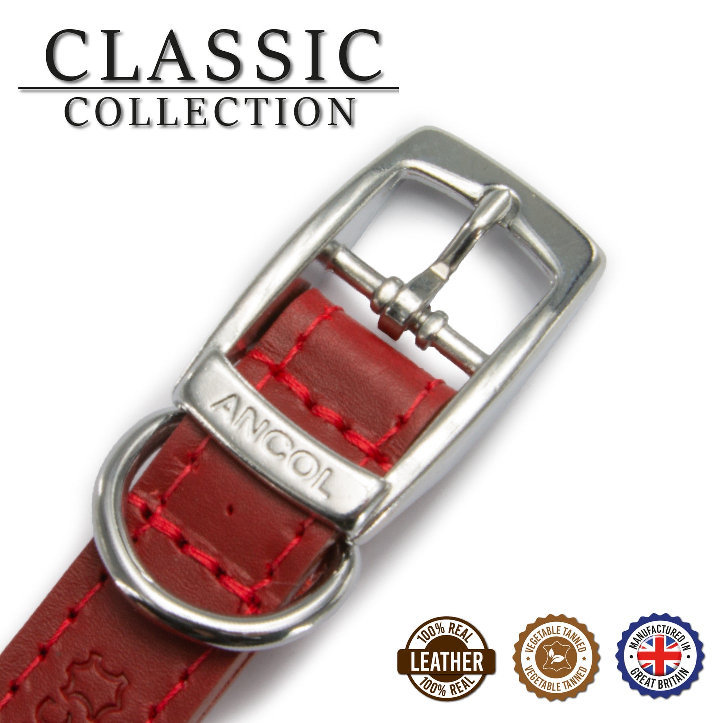 Ancol | Leather Sewn/Studded Dog Collar | Red