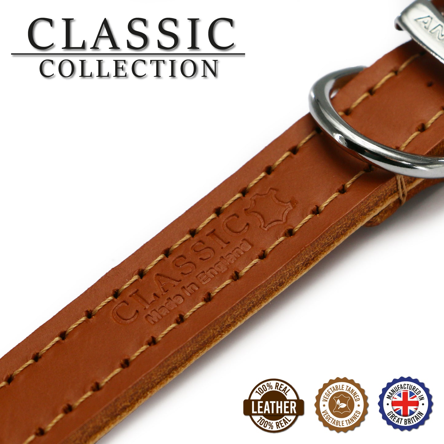Ancol | Leather Sewn/Studded Dog Collar | Tan