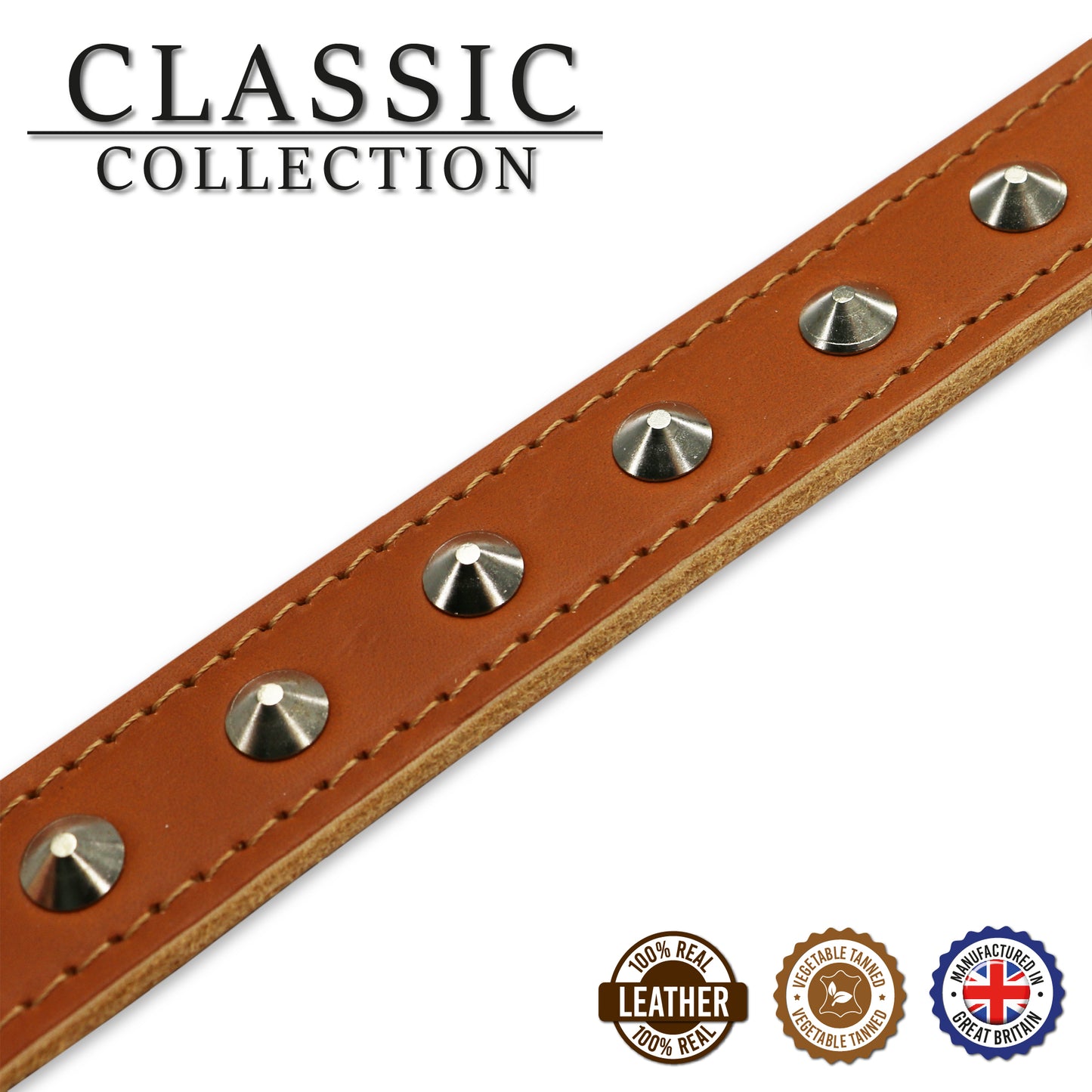 Ancol | Leather Sewn/Studded Dog Collar | Tan