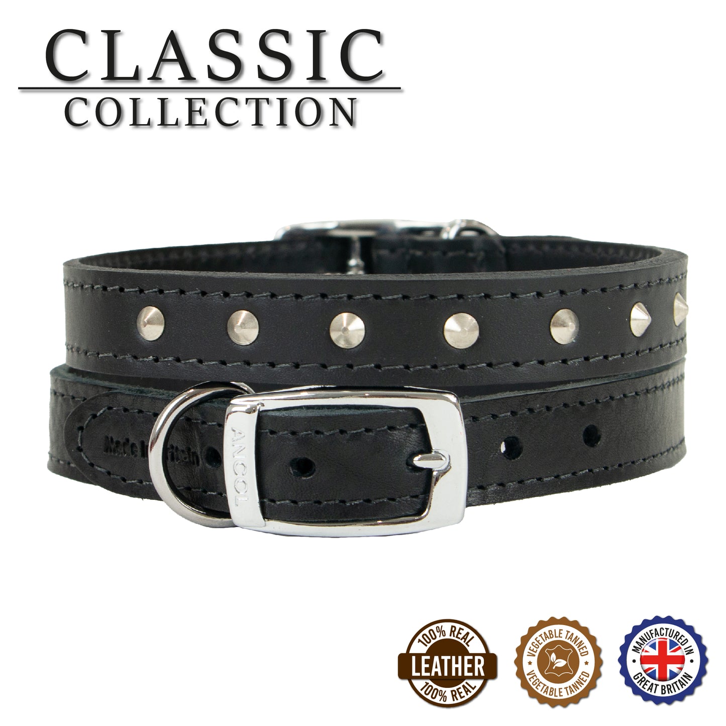 Ancol | Leather Sewn/Studded Dog Collar | Black