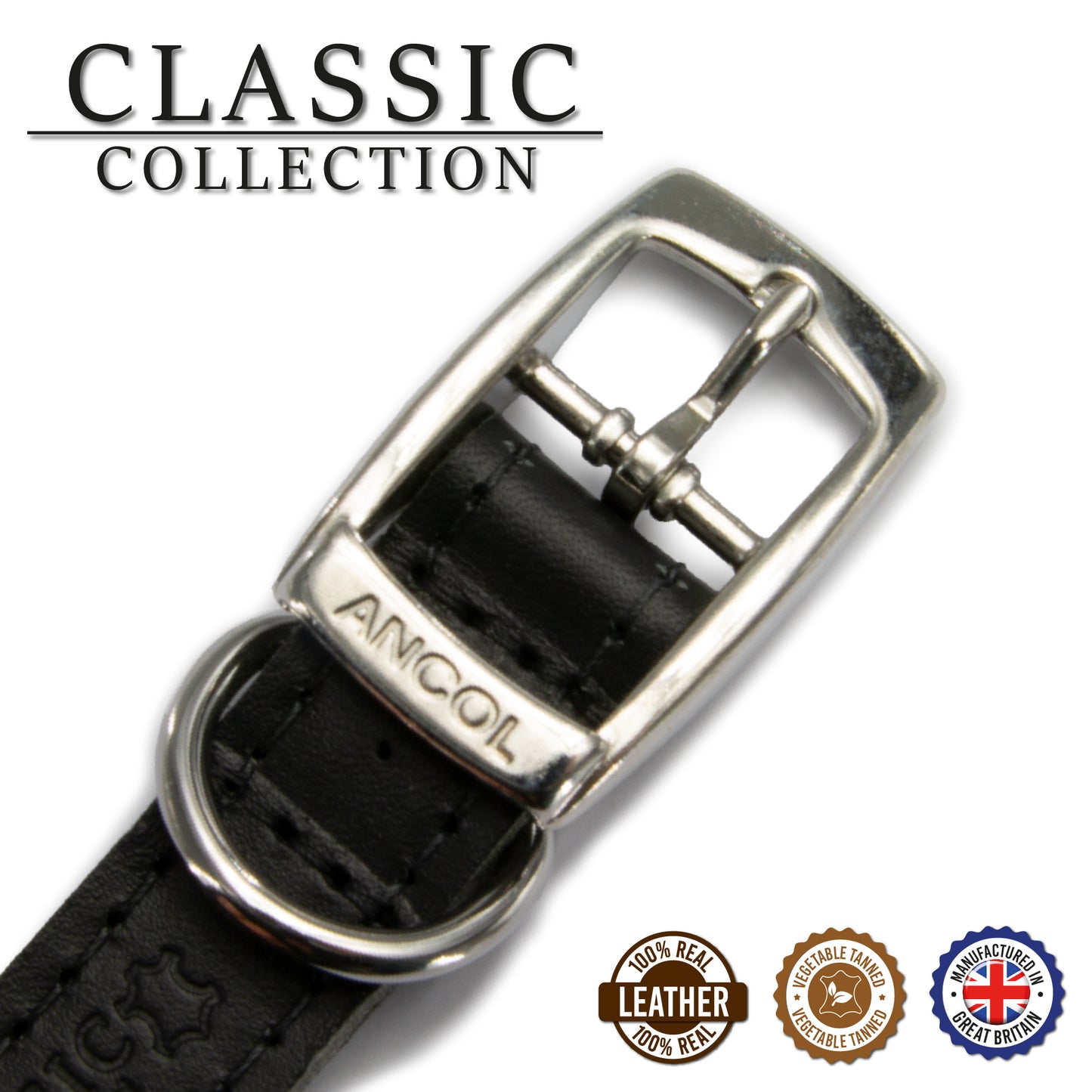 Ancol | Leather Sewn/Studded Dog Collar | Black