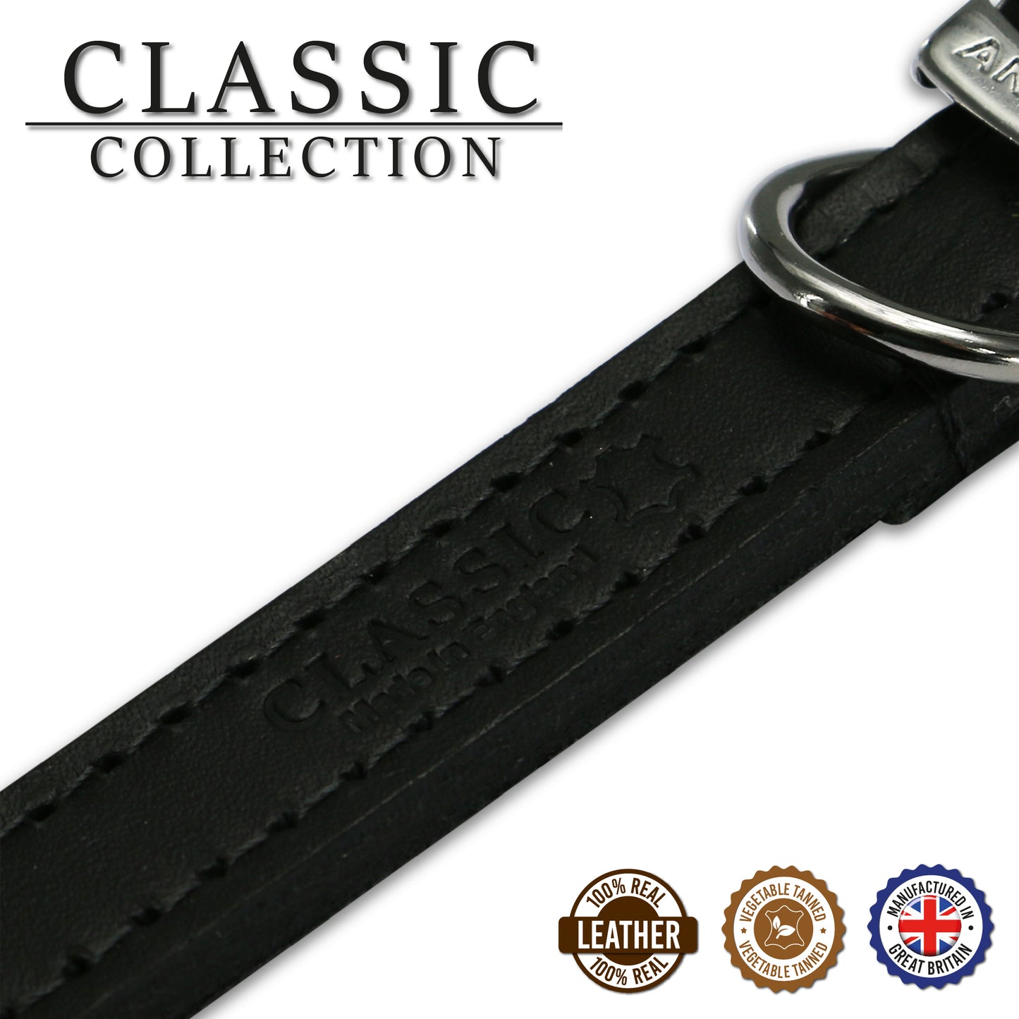 Ancol | Leather Sewn/Studded Dog Collar | Black