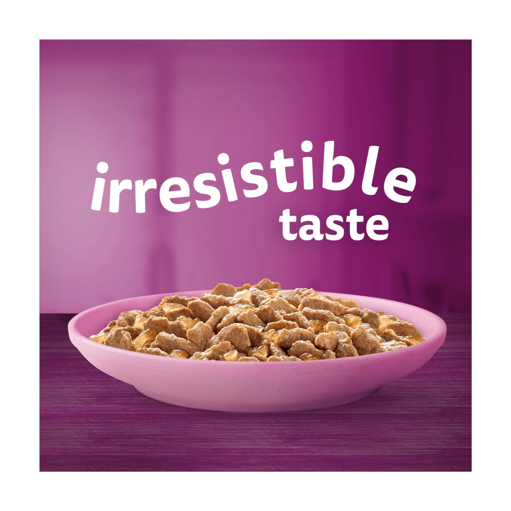 Pink bowl of cereal with 'irresistible taste' text on a purple background