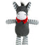 A plush donkey dog toy with a red bow tie and striped patterns on its legs and a grey body.