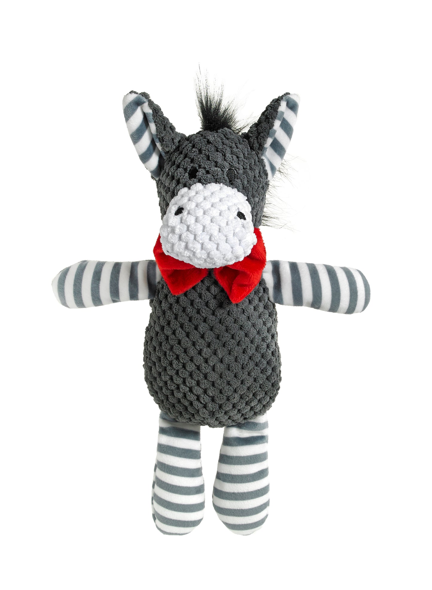 A plush donkey dog toy with a red bow tie and striped patterns on its legs and a grey body.