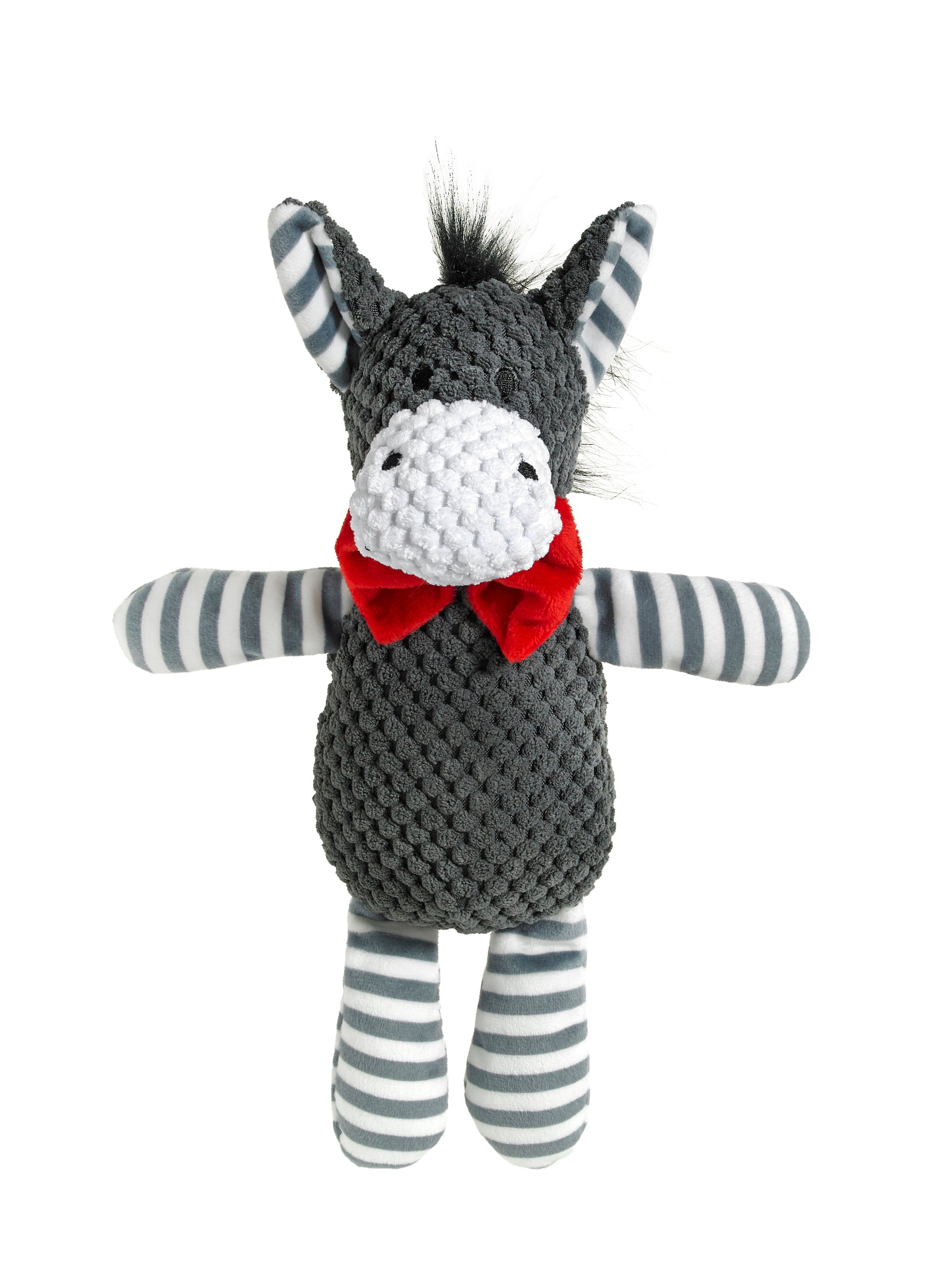 A plush donkey dog toy with a red bow tie and striped patterns on its legs and a grey body.