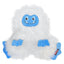 A plush dog toy designed to resemble a white yeti with blue accents, featuring a smiling face and squeakers for texture.
