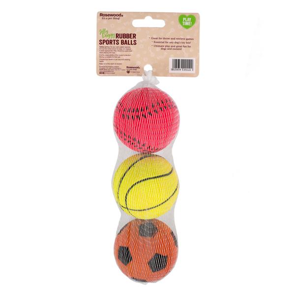 Three rubber sports balls in red, yellow, and orange packaging with a Rosewood brand label.