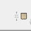 Measurement chart showing a beige square with dimensions and a hand for scale on a white background