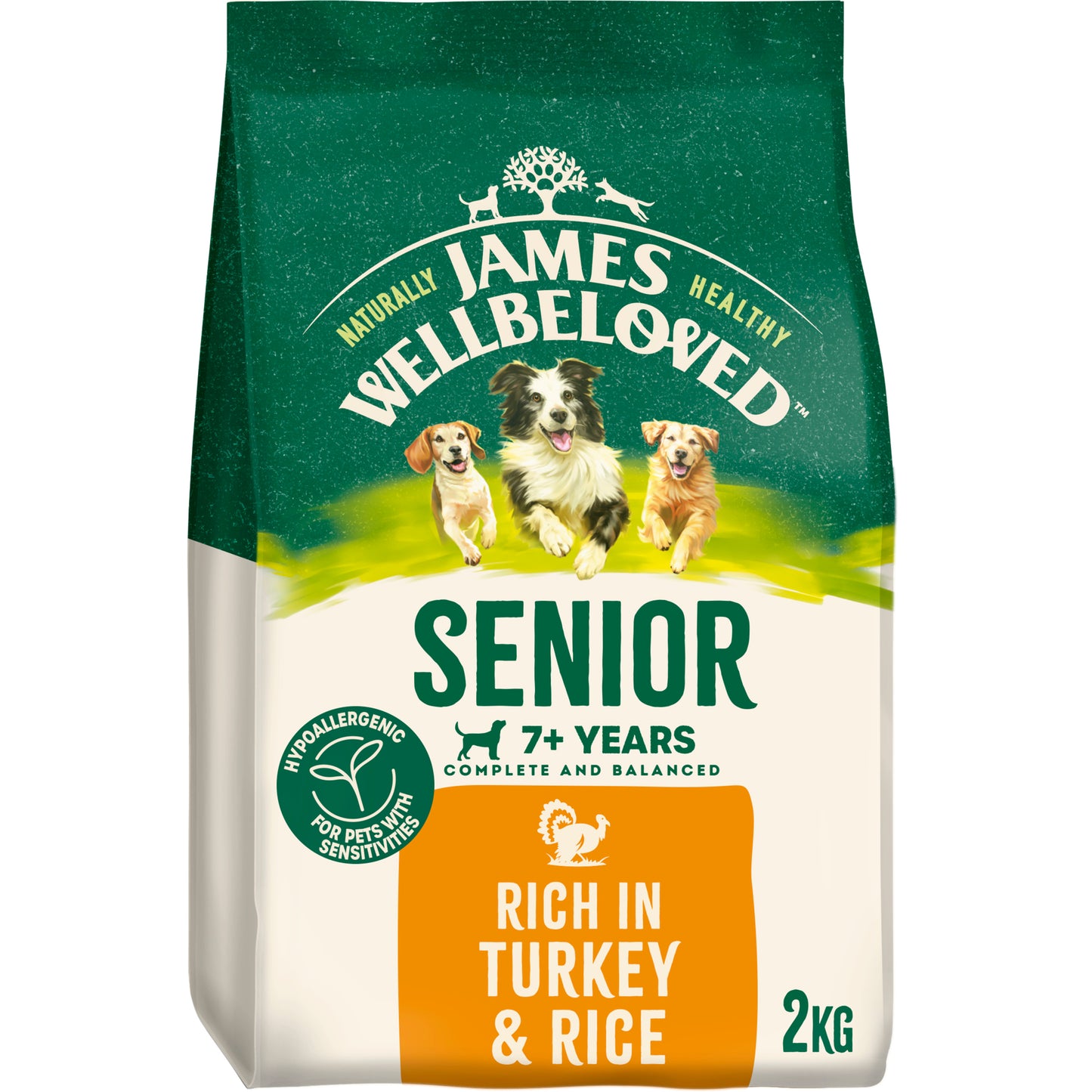 Bag of James Wellbeloved Senior dog food with images of dogs on a green and white background