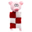 A plush dog toy resembling a pig wearing a Christmas scarf, with a design consisting of squeaky squares.