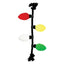 A festive Christmas dog toy resembling a fairy light rope with plush bulbs in red, yellow, white, and green, tied together with a black rope.