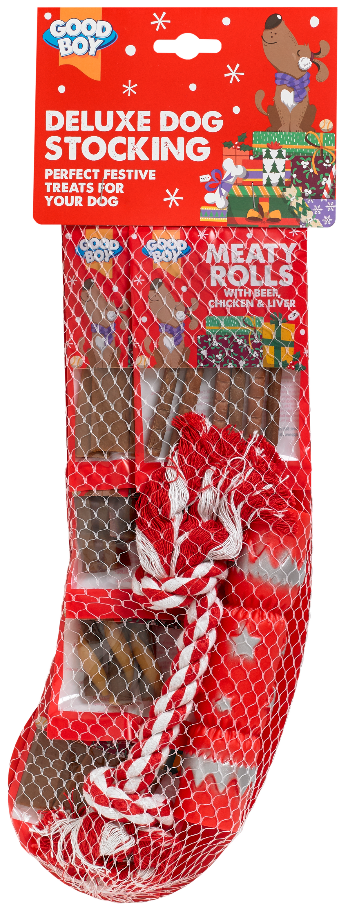Red dog stocking with reindeer design on a red background