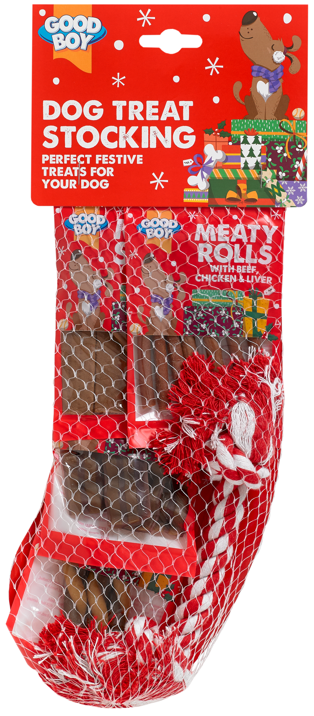 Good Boy Dog Treat Stocking with treats for dogs on a red background