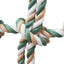 Close-up of a braided rope toy with green, brown, and white colors on a white background.