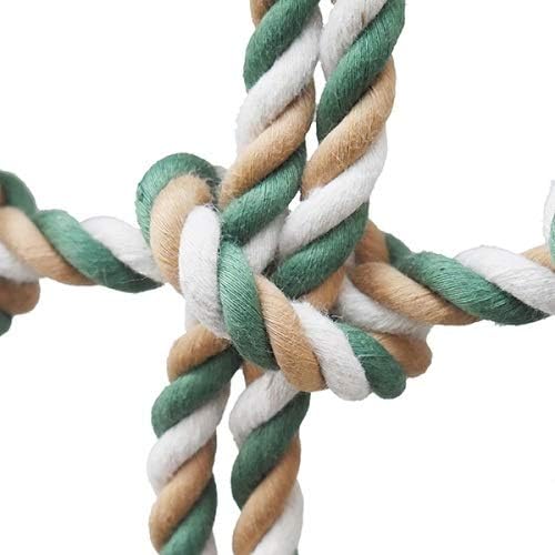 Close-up of a braided rope toy with green, brown, and white colors on a white background.