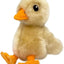 Plush duck toy with orange feet and beak on a white background