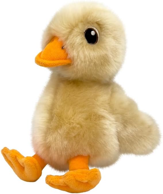 Plush duck toy with orange feet and beak on a white background
