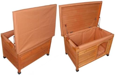 Wooden dog kennels with a tan cover and insulation on a white background