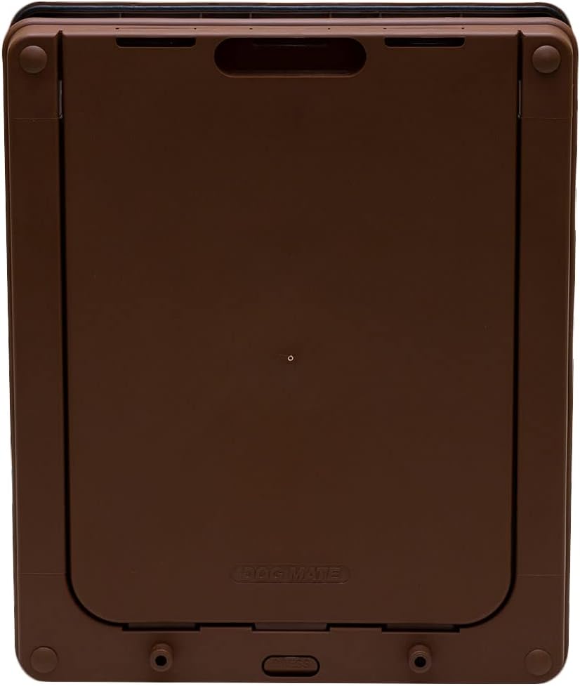 Brown pet door with visible brand logo on a white background