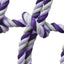 Close-up of a purple and gray braided rope toy on a white background
